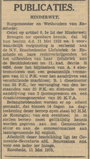 Beukinkstraat 11 N.V. Enschedesche IJsfabriek Hinderwet Tubantia 13-5-1933.jpg