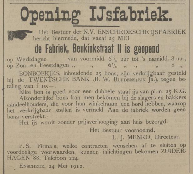 Beukinkstraat 11 N.V. Enschedesche IJsfabriek Directeur L.J. Menko advertentie Tubantia 25-5-1912.jpg