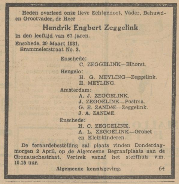 Brammelerstraat 3 H.E. Zeggelink overlijdensadvertentie Tubantia 31-3-1931.jpg