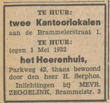 Brammelerstraat 1-3 Mevr. Zeggelink advertentie Tubantia 27-11-1931.jpg