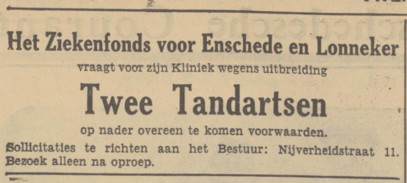 Nijverheidstraat 11 Ziekenfonds voor Enschede en Lonneker advertentie Tubantia 23-11-1937.jpg