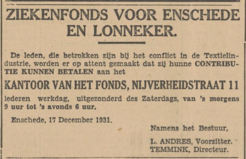 Nijverheidstraat 11 Ziekenfonds voor Enschede en Lonneker advertentie Tubantia 17-12-1931.jpg