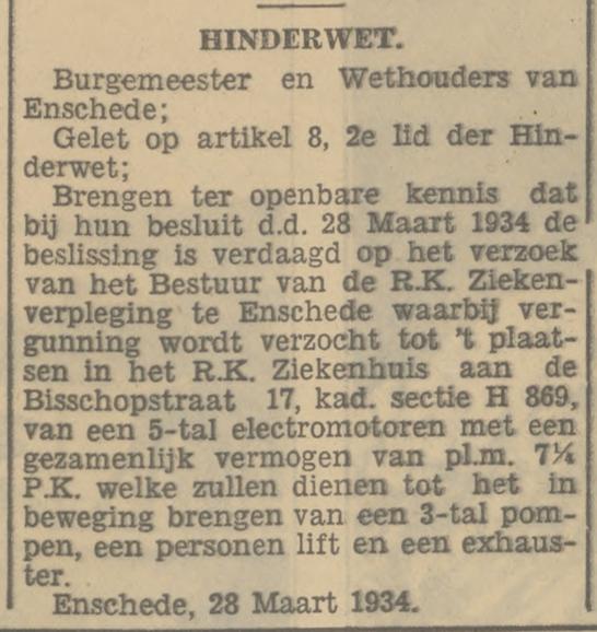 Bisschopstraat 17 R.K. Ziekenhuis Hinderwet krantenbericht Tubantia 30-3-1934.jpg