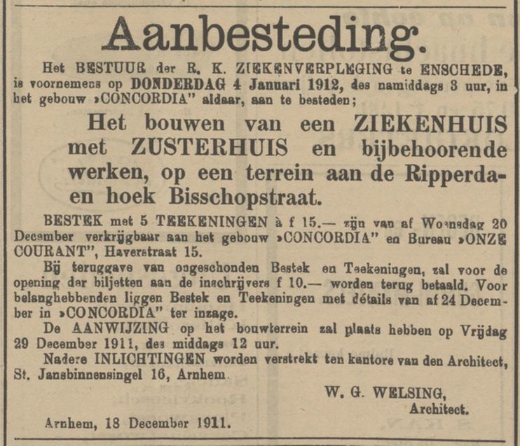 Bisschopstraat aanbesteding bouw ziekenhuis advertentie Tubantia 21-12-1911.jpg