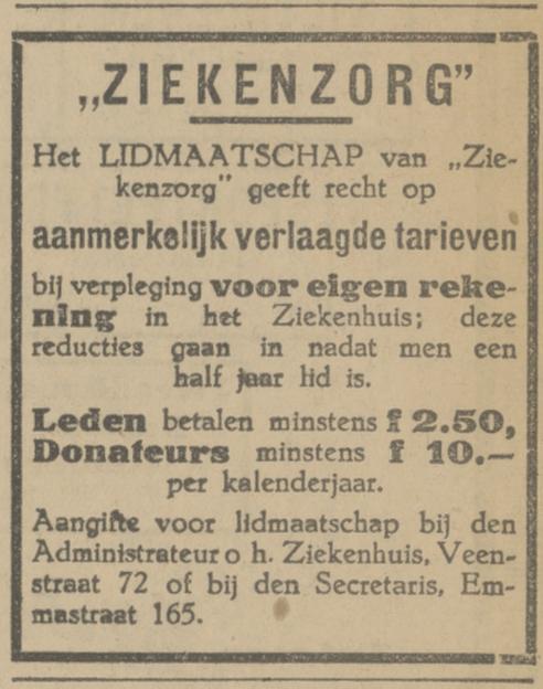 Veenstraat 72 Ziekenhuis Ziekenzorg advertentie Tubantia 31-12-1927.jpg