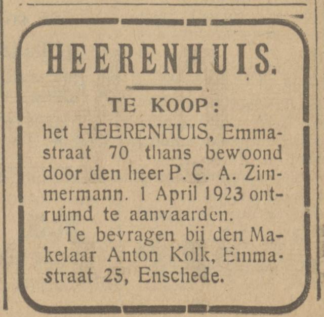 Emmastraat 70 P.C.A. Zimmermann advertentie Tubantia 13-11-1922.jpg