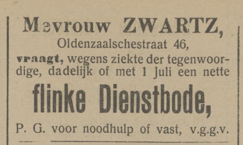 Oldenzaalschestraat 46 Mevr. Zwartz advertentie Tubantia 14-6-1912.jpg