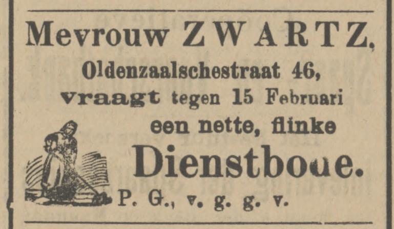 Oldenzaalschestraat 46 Mevr. Zwartz advertentie Tubantia 6-1-1912.jpg
