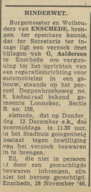 Deppenbroeksweg 8 G. Aalderson hinderwet Tubantia 3-12-1946.jpg