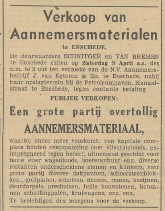 Kanaalstraat Petroleumhaven opslagterrein Aannemersbedrijf J. van Egteren & Zn advertentie Tubantia 6-4-1949.jpg