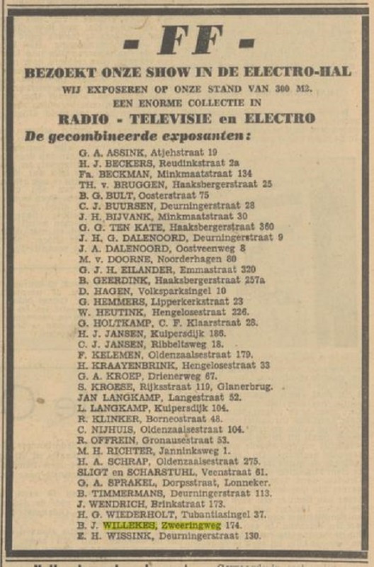 Zweringweg 174 B.J. Willekes Radiohandel advertentie Tubantia 25-8-1951.jpg