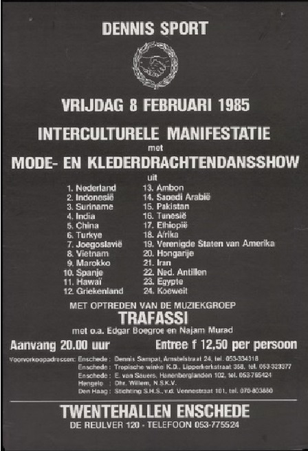 De Reulver 120 Twentehallen affiche Interculturele Manifestatie met mode en klederdrachtendansshow 8-2-1985.jpg