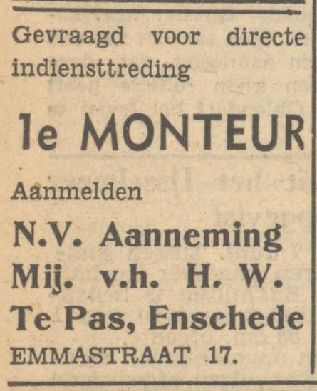 Emmastraat 17 N.V. Aanneming Mij. v.h. H.W. te Pas advertentie Tubantia 7-6-1951.jpg