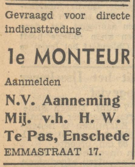 Emmastraat 17 N.V. Aanneming Mij. v.h. H.W. te Pas advertentie Tubantia 7-6-1951.jpg