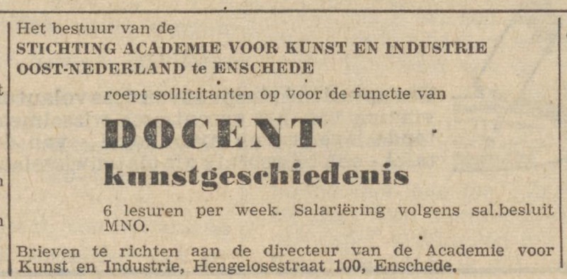 Hengelosestraat 100 Academie Kunst en Industrie advertentie 14-9-1961.jpg