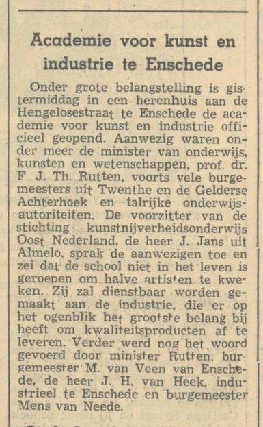 Hengelosestraat Academie Kunst en Industrie krantenbericht 10-2-1950.jpg