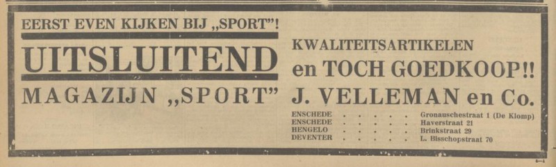 Gronausestraat 1 De Klomp Magazijn Sport J. Velleman en Co advertentie Tubantia 19-3-1932.jpg