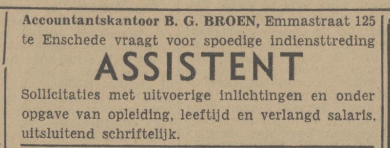 Emmastraat 125 Accountantskantoor B.G. Broen advertentie Tubantia 10-1-1948.jpg