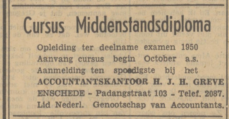 Padangstraat 103 Accountantskantoor H.J.H. Greve advertentie Tubantia 14-9-1949.jpg