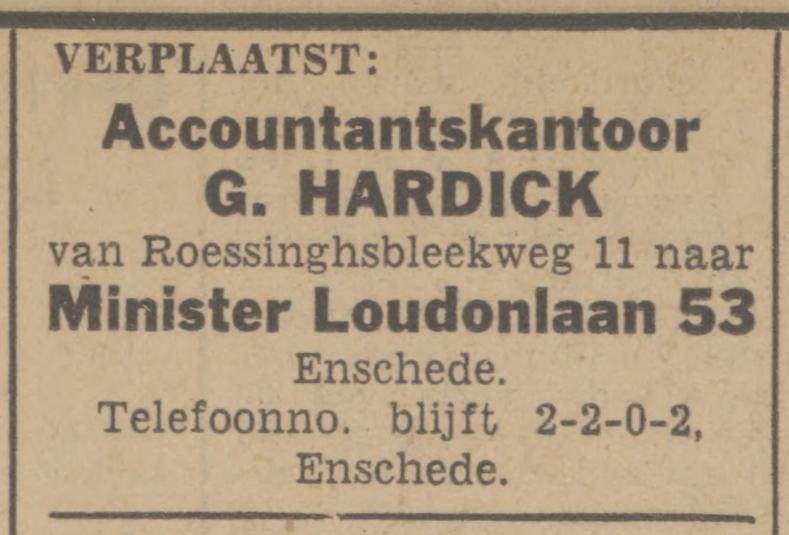 Minister Loudonlaan 53 Accountantskantoor G. Hardick advertentie Tubantia 23-6-1942.jpg