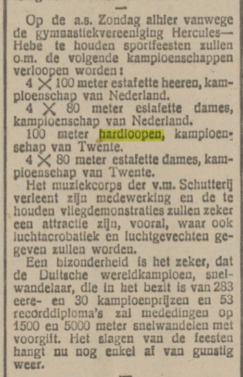 Hercules Hebe sportfeesten met o.m. 100 meter hardloopen kampioenschap van Twente krantenbericht Tubantia 22-7-1920.jpg