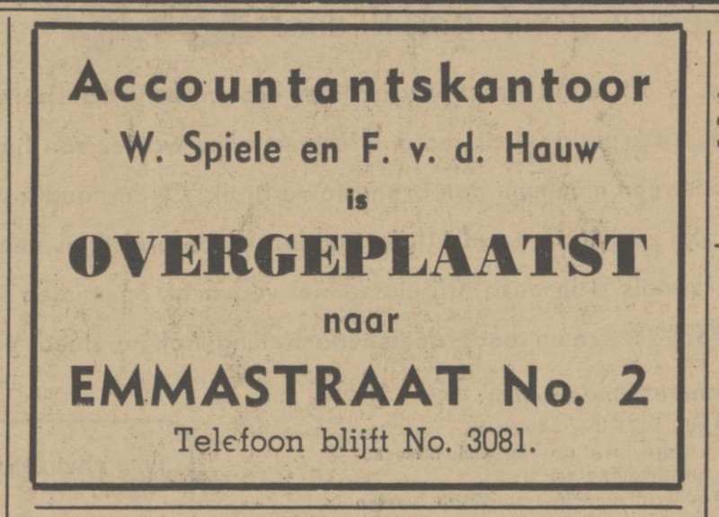 Emmastraat 2 Accountantskantoor W. Spiele en F. v.d. Hauw advertentie Tubantia 25-11-1939.jpg