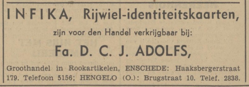 Haaksbergerstraat 179 D.C.J Adolfs Groothandel in Rookartikelen advertentie Tubantia 25-4-1942.jpg