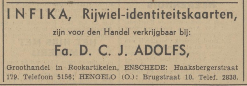 Haaksbergerstraat 179 D.C.J Adolfs Groothandel in Rookartikelen advertentie Tubantia 25-4-1942.jpg