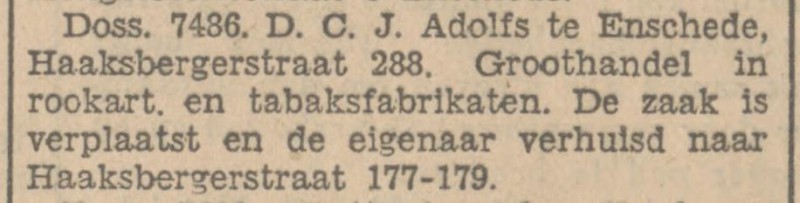 Haaksbergerstraat 177-179 D.C.J Adolfs Groothandel in Rookartikelen en Tabaksfabrikaten krantenberichtTubantia 4-9-1930.jpg