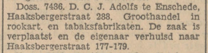 Haaksbergerstraat 177-179 D.C.J Adolfs Groothandel in Rookartikelen en Tabaksfabrikaten krantenberichtTubantia 4-9-1930.jpg