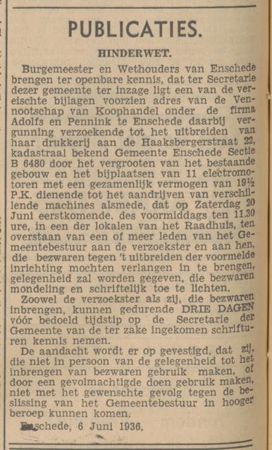 Haaksbergerstraat 22 Adolfs & Pennink krantenbericht hinderwet Tubantia 10-6-1936.jpg