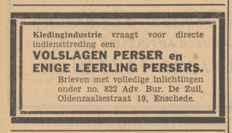 Oldenzaalsestraat 19 Adviesbureau De Zuil advertentie Tubantia 7-8-1948.jpg