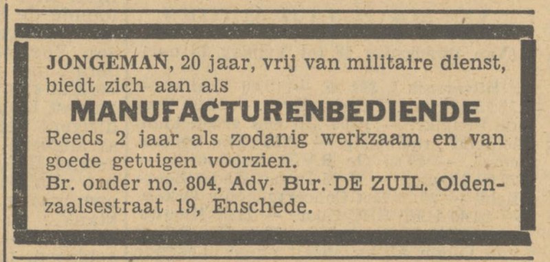 Oldenzaalsestraat 19 Adviesbureau De Zuil advertentie Tubantia 27-4-1949.jpg