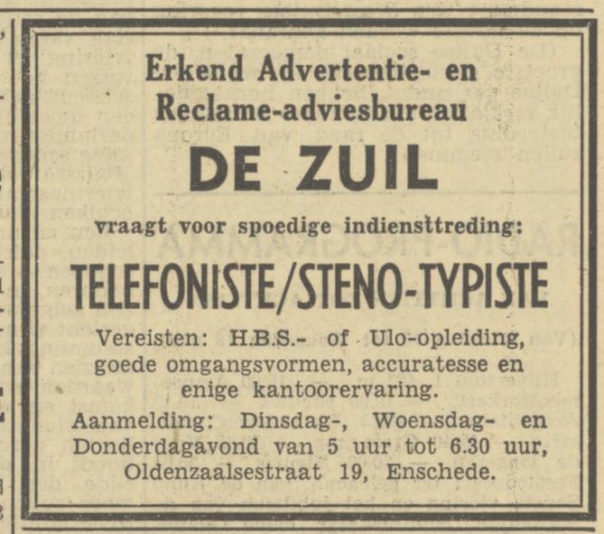Oldenzaalsestraat 19 Adviesbureau De Zuil advertentie Tubantia 9-5-1950.jpg