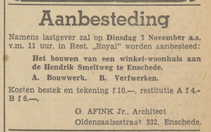 Oldenzaalsestraat 332 G. Afink Jr. Architect advertentie Tubantia 24-10-1950.jpg