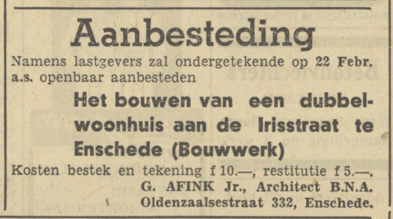 Oldenzaalsestraat 332 G. Afink Jr. Architect advertentie Tubantia 10-2-1950.jpg