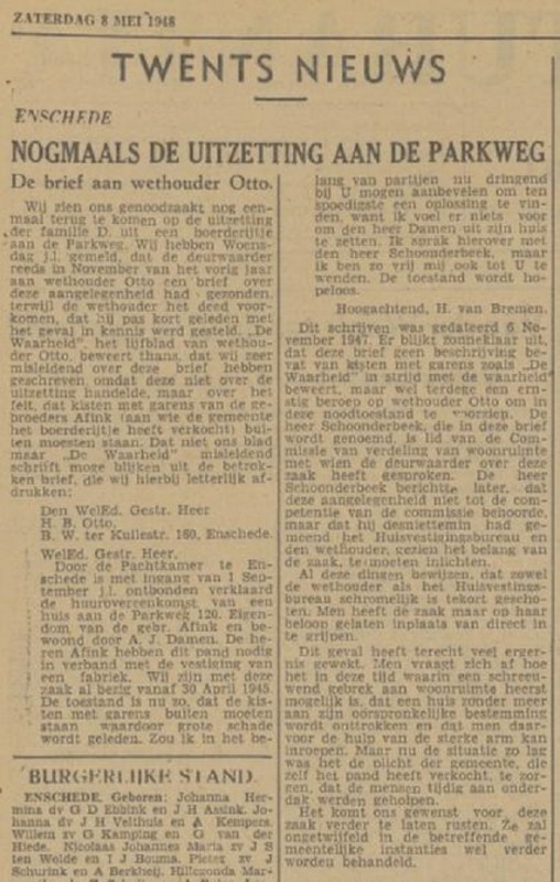 Parkweg 120 Fabriek Afink boerderij Danink krantenbericht Tubantia 8-5-1948.jpg
