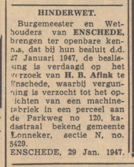 Parkweg 120 H.B. Afink Machinefabriek advertentie  Hinderwet Tubantia 30-1-1947.jpg