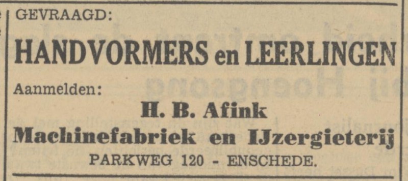 Parkweg 120 H.B. Afink Machinefabriek en IJzergieterij advertentie Tubantia 13-3-1951.jpg