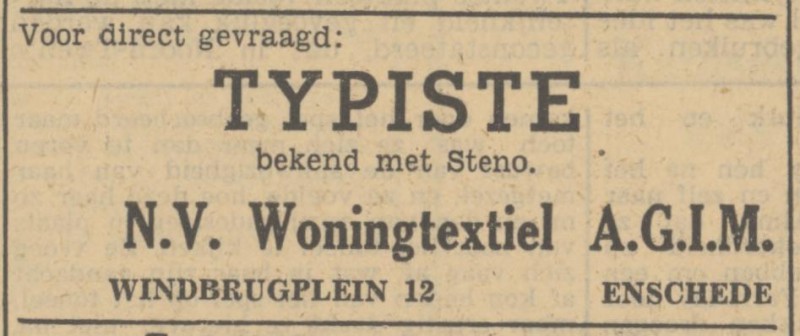 Windbrugplein 12 A.G.I.M Woningtextiel N.V. advertentie Tubantia 13-10-1949.jpg