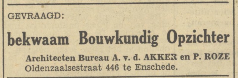 Oldenzaalsestraat 446 Architectenbureau A. v.d. Akker en P. Roze advertentie Tubantia 9-1-1950.jpg