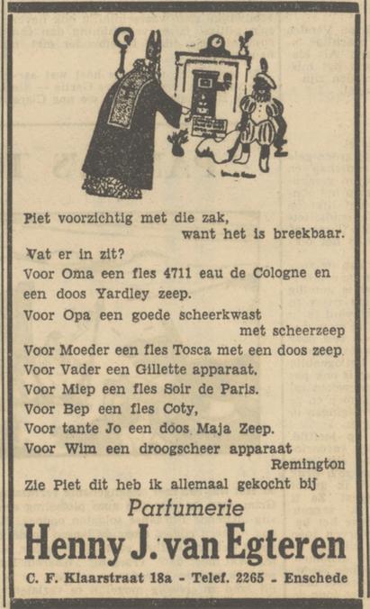 C.F. Klaarstraat 18a Henny J. van Egteren Parfumerie advertentie Tubantia 29-11-1951.jpg
