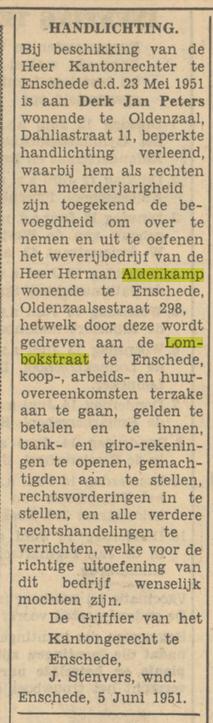 Lombokstraat Herman Aldenkamp weverijbedrijf krantenbericht Tubantia 6-6-1951.jpg