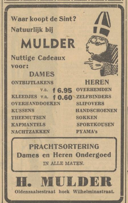 Oldenzaalsestraat hoek Wilhelminastraat H. Mulder advertentie Tubantia 30-1951.jpg