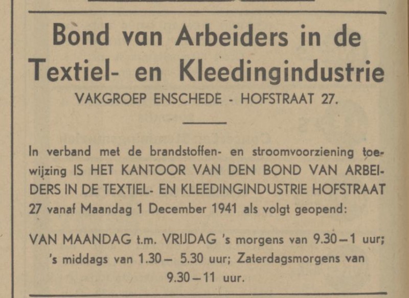 Hofstraat 27 Bond van Arbeiders- en Kleedingindustrie advertentie Tubantia 26-11-1941.jpg