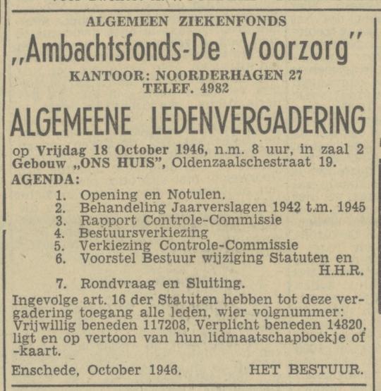 Noorderhagen 27 Ziekenfonds Ambachtsfonds De Voorzorg advertentie Tubantia 12-10-1946.jpg