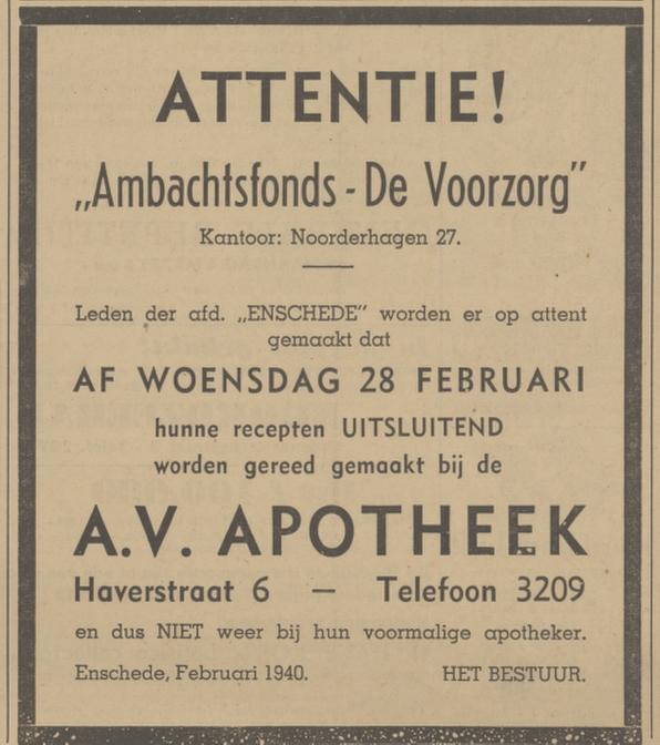 Noorderhagen 27 Ziekenfonds Ambachtsfonds De Voorzorg advertentie Tubantia 28-2-1940.jpg