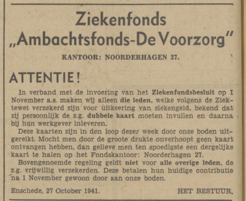 Noorderhagen 27 Ziekenfonds Ambachtsfonds De Voorzorg advertentie Tubantia 28-10-1941.jpg