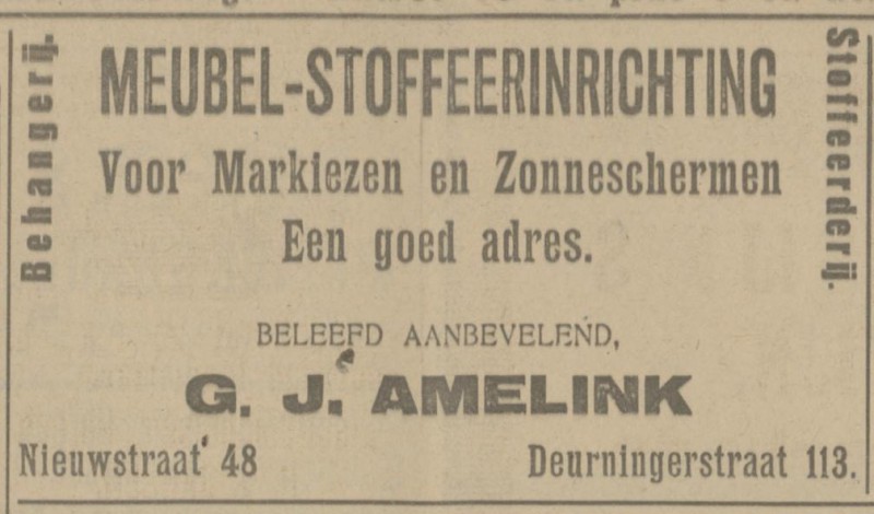 Nieuwstraat 48 Deurningerstraat 113 G.J. Amelink meubel- steffeerinrichting advertentie Tubantia 23-3-1923.jpg