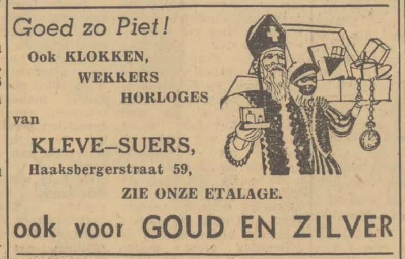 Haaksbergerstraat 59 Kleve-Suers klokken, horloges advertentie Tubantia 29-11-1949.jpg